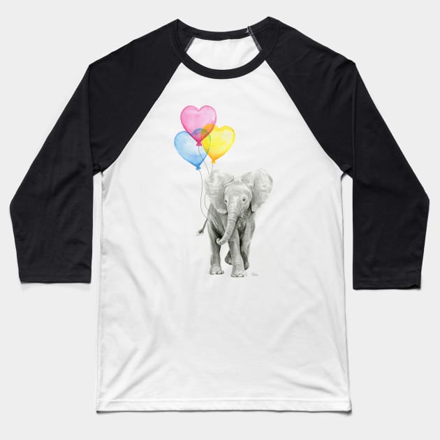 Elephant Watercolor Heart Shaped Balloons Baseball T-Shirt by Olechka